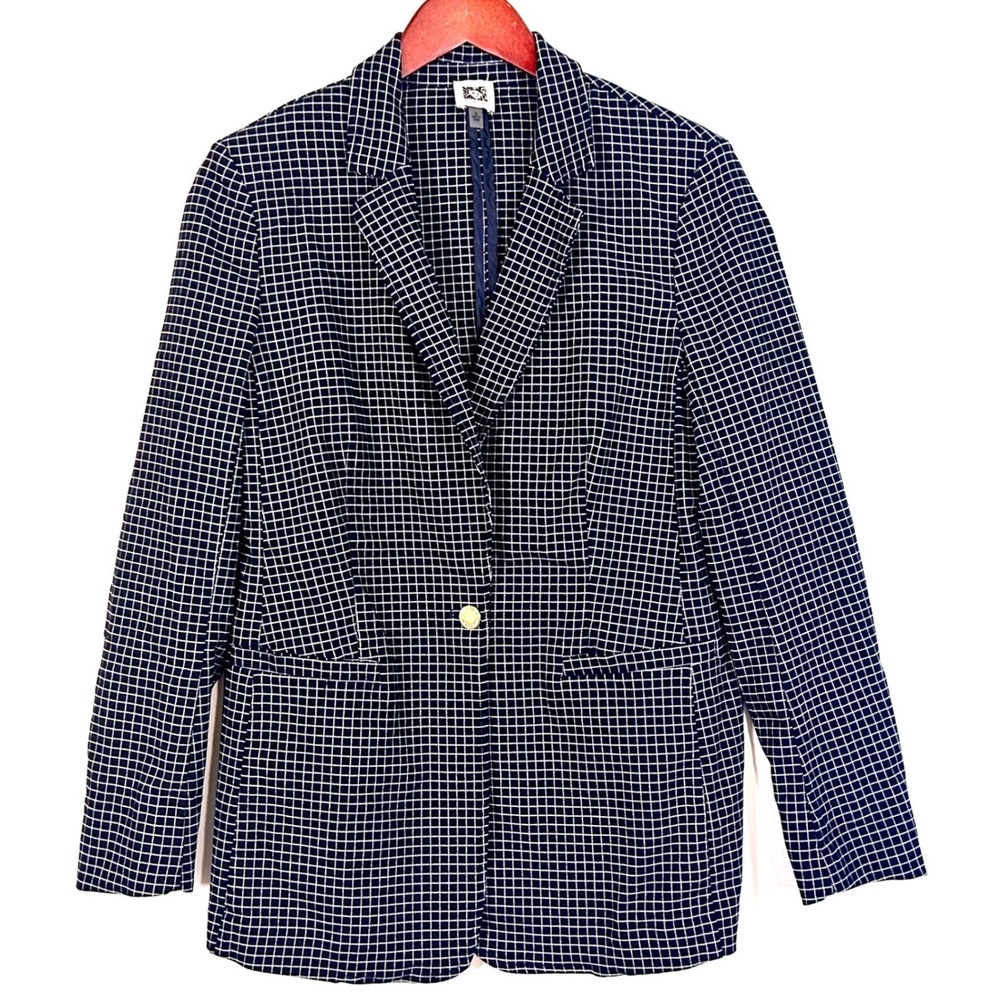 Anne Klein Blazer Jacket Women's Medium Navy Blue White Stretch 90s Office Siren - Picture 3 of 12